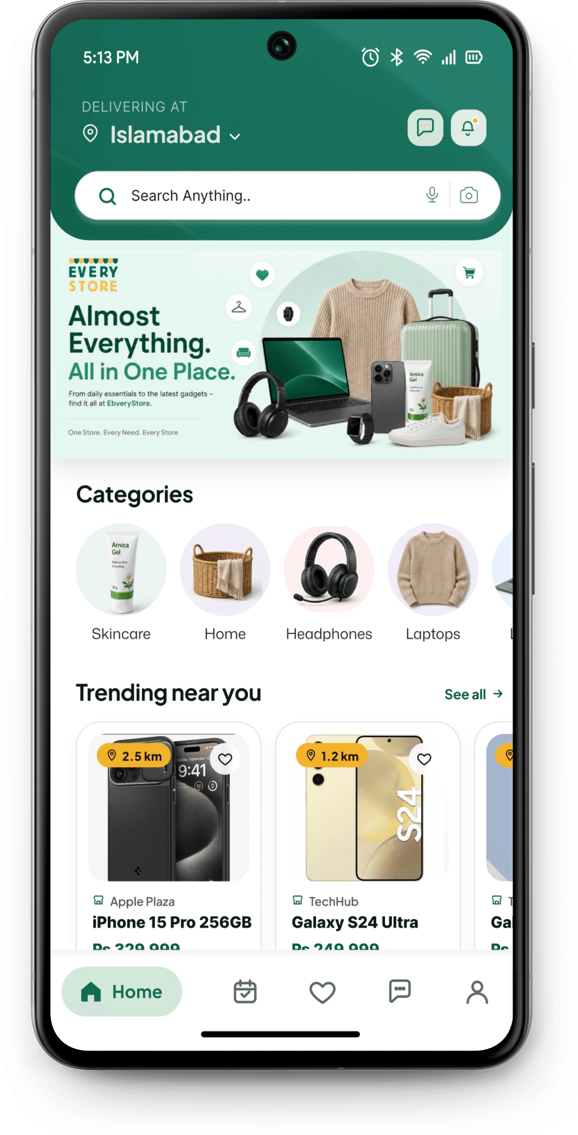 EveryStore mobile app showing nearby shops and product categories